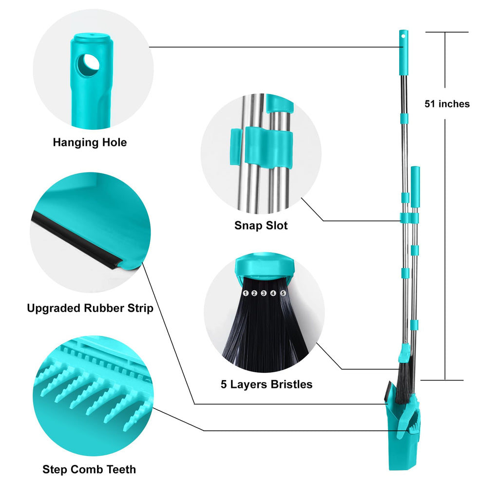 Tiumso Upgrade Broom with Dustpan Combo Set, Broom and Dustpan Set with 51'' Long Handle, Large Upright Brooms and Dust Pans, ZeroGap Lip, Self-Cleaning Dustpan Teeth for Lobby and Restaurant - Blue