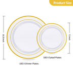 Goodluck 200PCS Gold Plastic Plates, Heavy Duty Disposable Gold Plates with 100 10.25 inch Dinner Plates and 100 7.5 inch Dessert Plates for Party, Holiday, Wedding, Thanksgiving