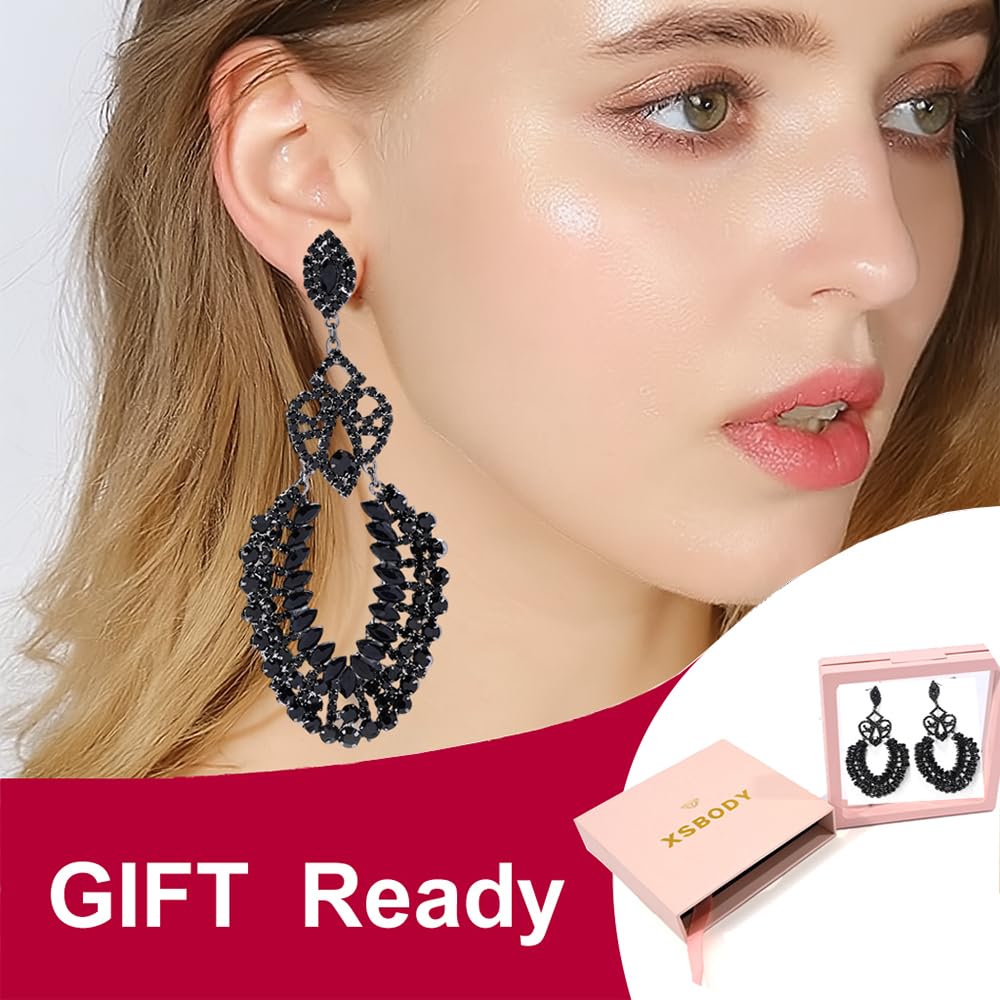 XSBODY Rhinestone Black Dangle Earrings for women Crystal Geometric Drop Statement Earrings Costume Jewelry (A-Black)