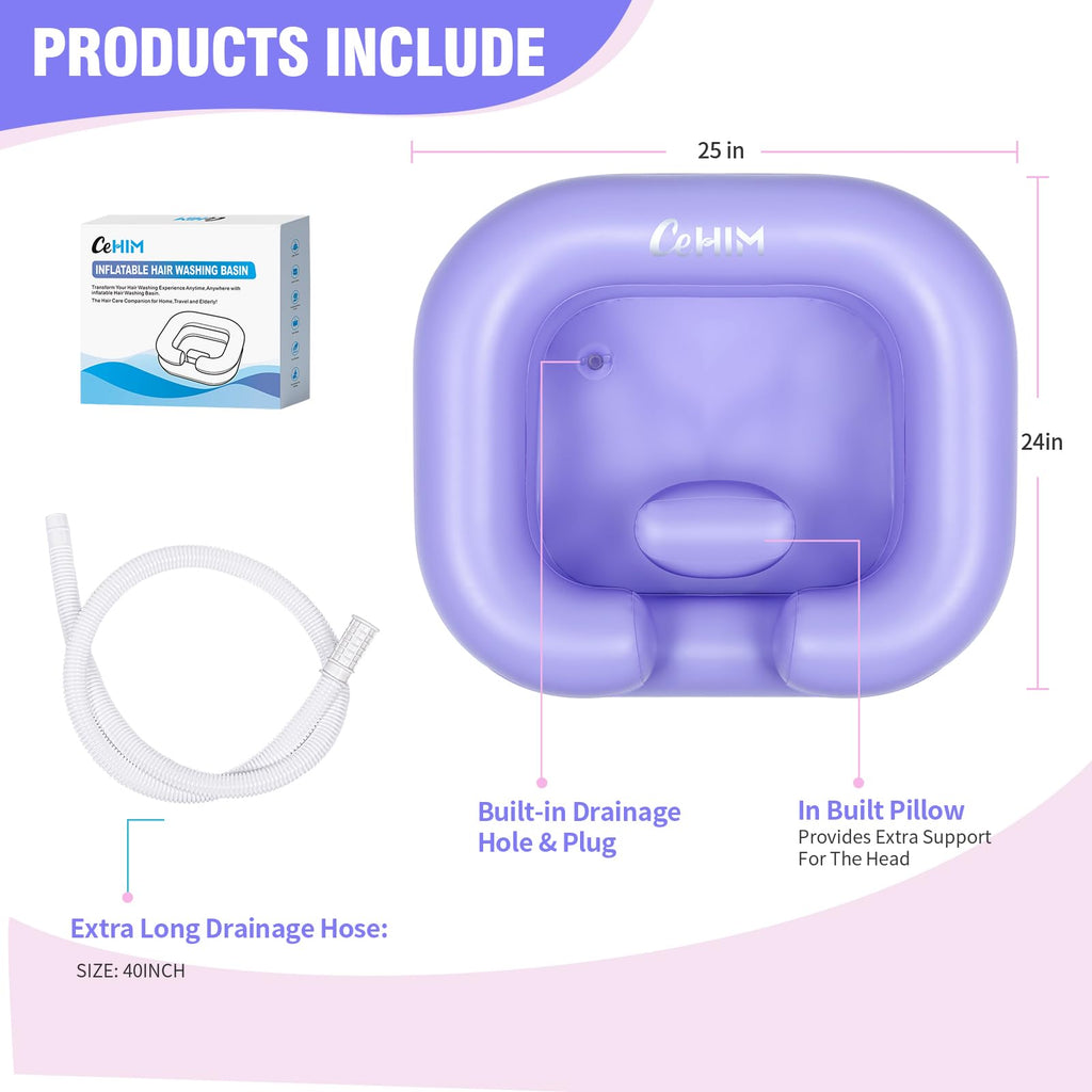 Cehim Inflatable Shampoo Basin - Portable Shampoo Bowl, Hair Washing Basin for Bedridden, Disabled,Injured, Hair Wash Tub for Dreadlocks and at Home Sink Washing (Light purple)