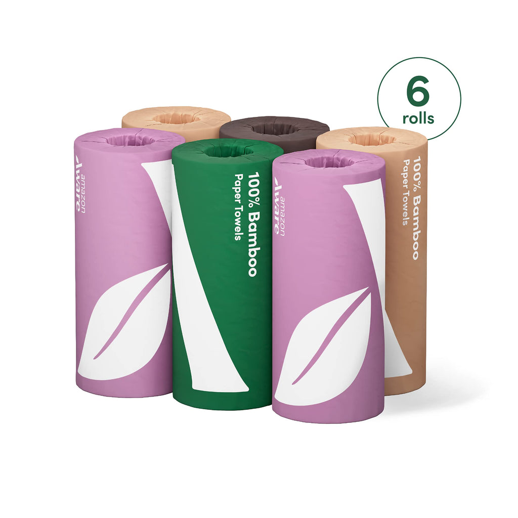 Amazon Aware Bamboo Paper Towels, 6 Rolls, 2 ply, 150 Sheets, 900 Count, Plastic-Free, Multicolor