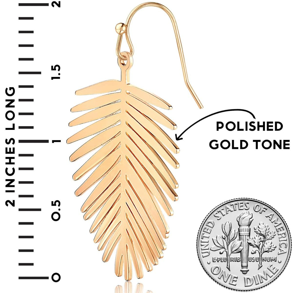 Gold Tone Leaf Earrings for Women - Bohemian Tropical Dangles, Palm Drops
