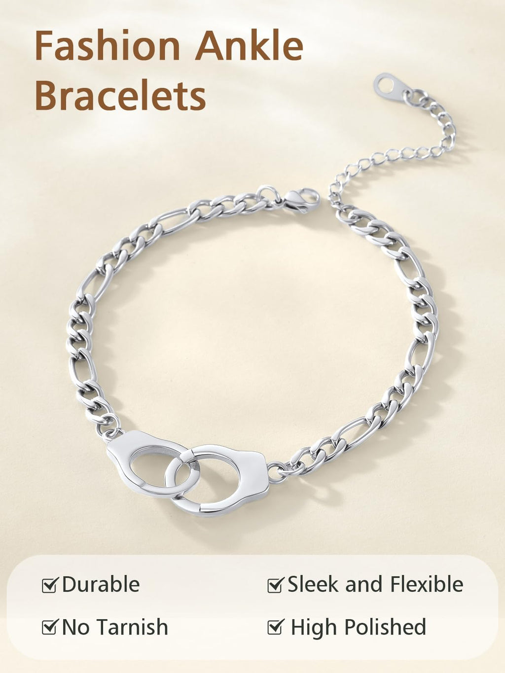 FindChic Handcuff Ankle Bracelets for Women Partners in Crime Stainless Steel Gothic Punk Jewelry 8.5'' Adjustable Ankle Chain Foot Link Infinity Anklets