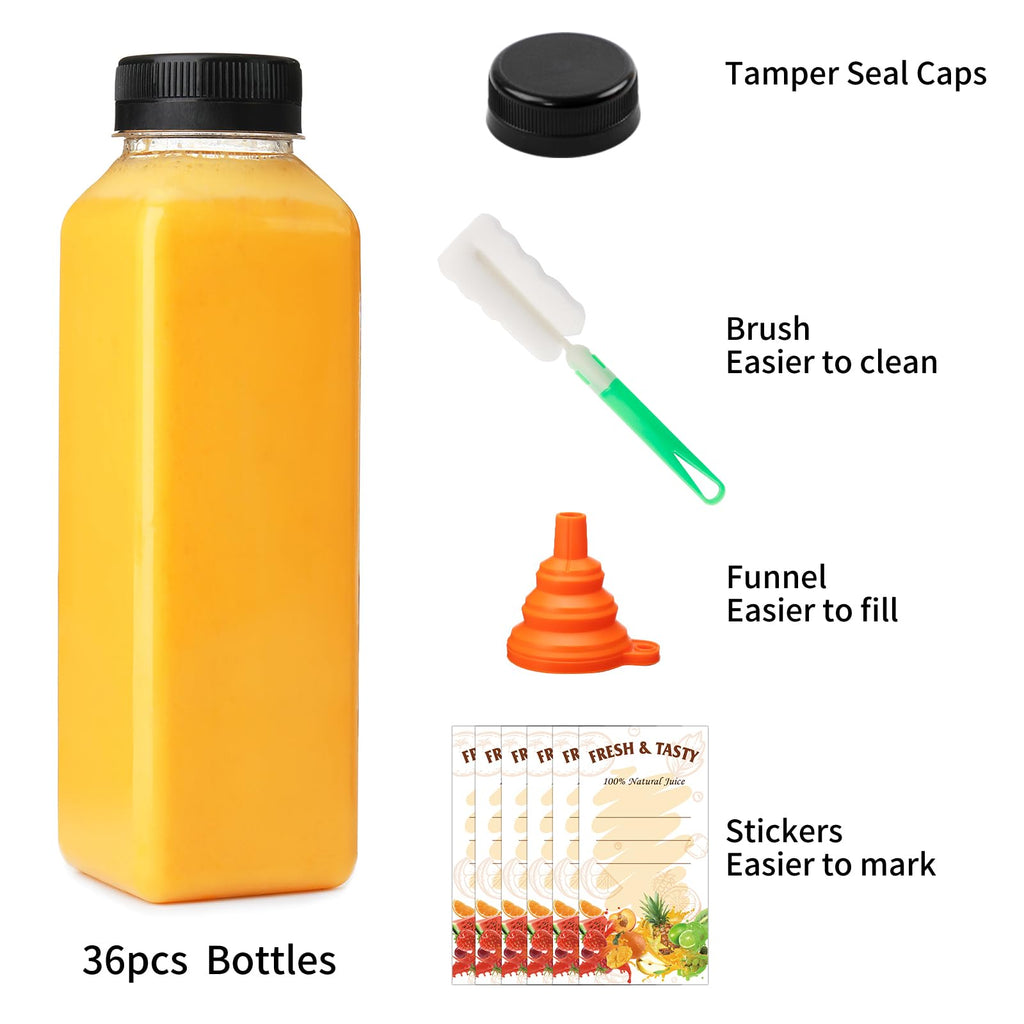BAKHUK 36pcs 16oz Empty Plastic Juice Bottles with Caps, Reusable Clear Bulk Beverage Containers for Juice, Milk, Smoothie, and Other Beverages