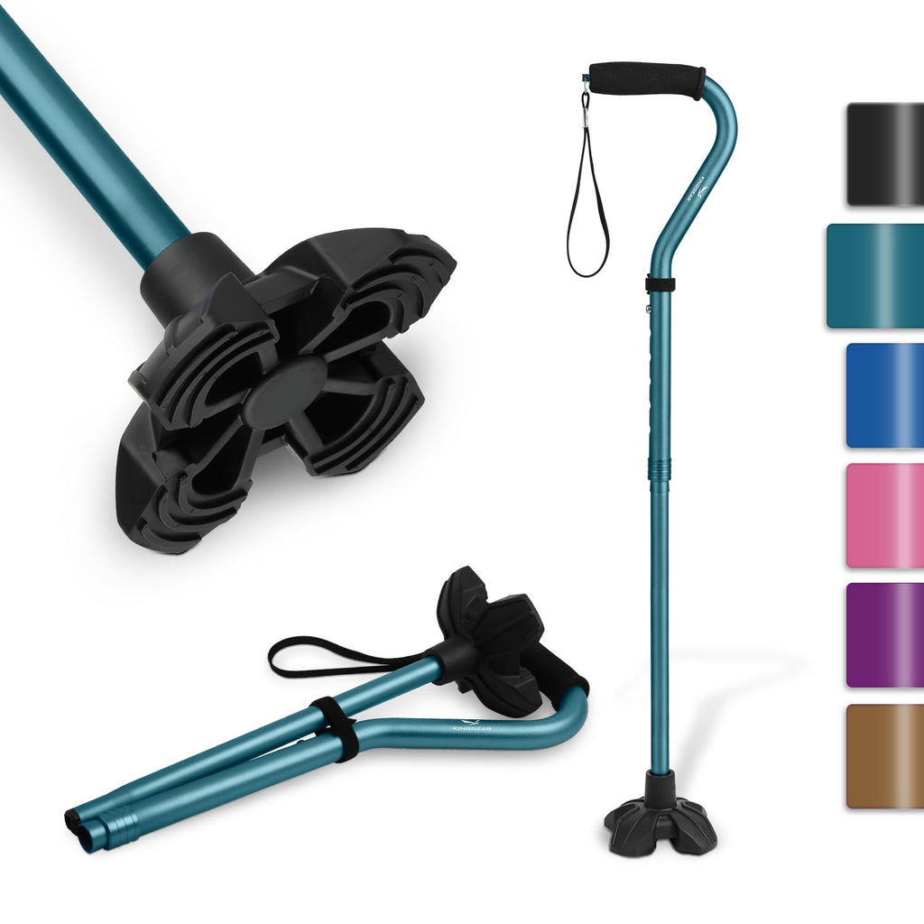 KINGGEAR F1 Walking Stick, Walking Cane for Women & Men with Wrist Strap, Lightweight & Sturdy Offset EVA Handle, Large Quad Base, Self Standing for Seniors and People with Injuries & Recovery