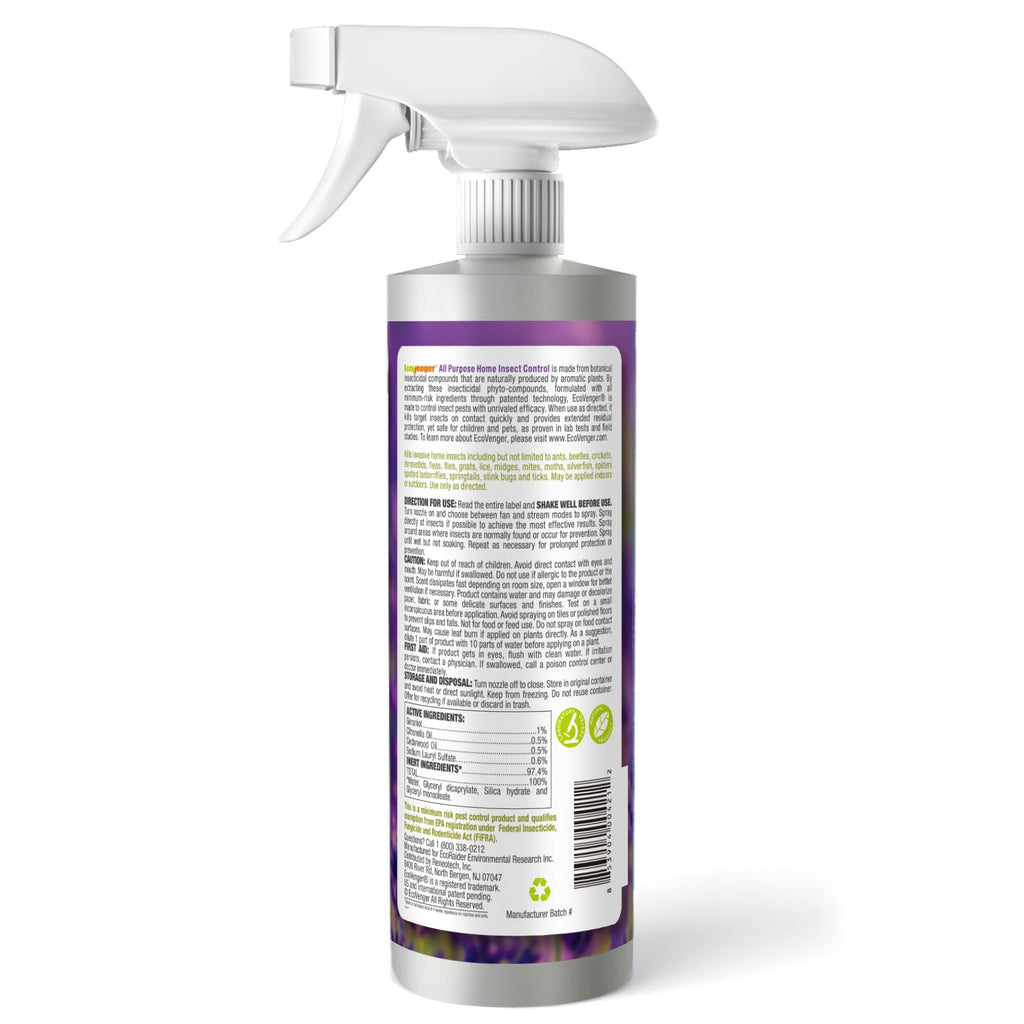 EcoVenger by EcoRaider All Purpose Insect Control 16 oz, Fleas, Fruit Flies, Gnats, Moths, Roaches, Spiders, Fast Kill, Lasting Prevention, Kill Eggs, Plant Extract Based & Non-Toxic, Child & Pet Safe