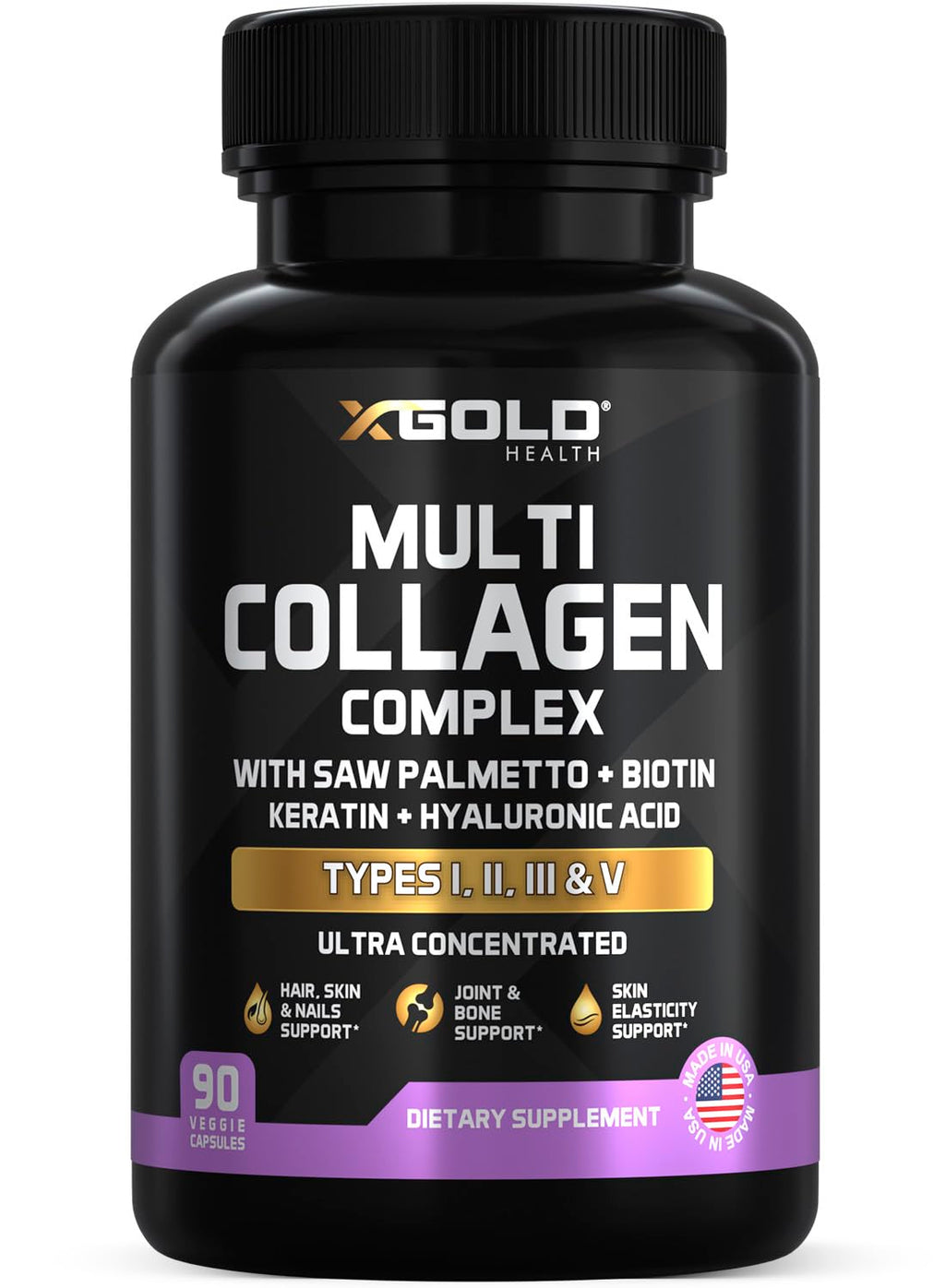 X Gold Health Collagen Complex, Types I, II, III, V, Biotin 10,000 mcg, Keratin, Hyaluronic Acid, Saw Palmetto, Vitamins C & E Advanced HSN Formula for Men & Women 90 Vegan Capsules