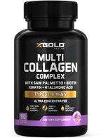 X Gold Health Collagen Complex, Types I, II, III, V, Biotin 10,000 mcg, Keratin, Hyaluronic Acid, Saw Palmetto, Vitamins C & E Advanced HSN Formula for Men & Women 90 Vegan Capsules