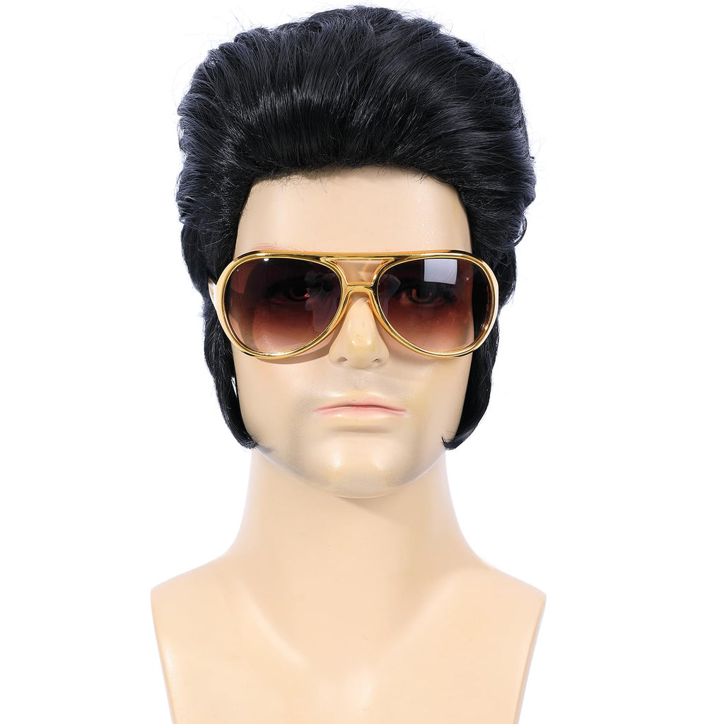 Bettecos 4pcs Set 50s Rock Wig with Sunglasses and Necklace for Men Singer Rocker Costume Wigs for Cosplay Halloween Party (Adults)