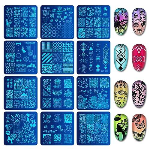 Biutee Nail Stamping Plates Set 12pcs Nail Plates 1stamper 1scraper 1storage Bag Nail Plate Template Image Plate Stencil Nails Tool (C)
