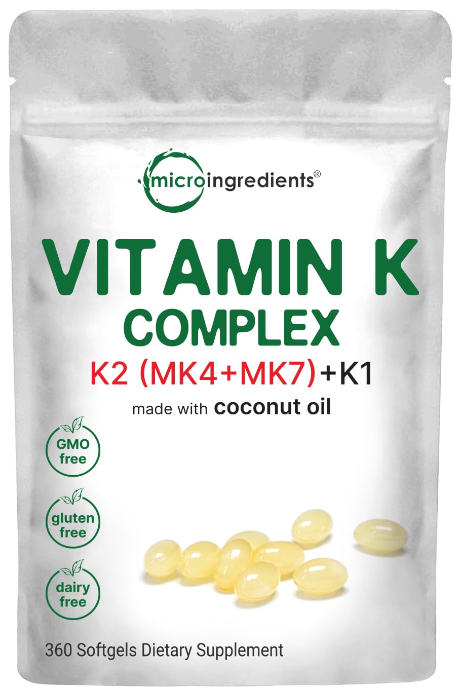 Super Vitamin K Complex (K2 MK7 + MK4 & K1), 360 Coconut Oil Softgles | Easily Absorbed K Vitamins, Active Menaquinone Complex | Non-GMO
