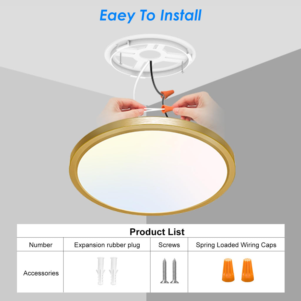 Peasur 12 Inch LED Ceiling Light Gold, 24W Slim Flush Mount Ceiling Light 3000K/4000K/6500K Adjustable, Modern Round Ceiling Lighting for Bedroom, Living Room, Kitchen(2 Pack)