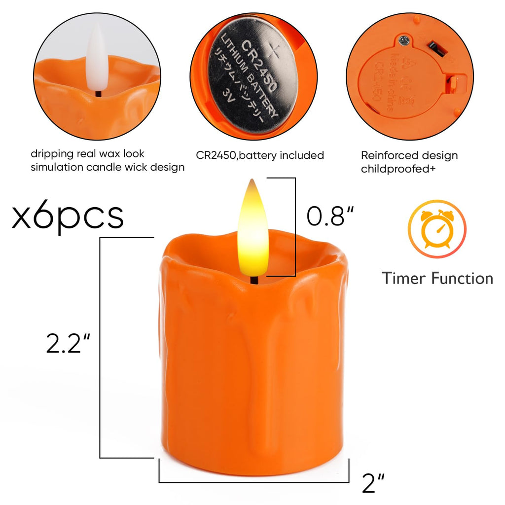 Homemory 2"x 2" Orange 6 Hour Timer Flameless Votive Candles, 6 Pack