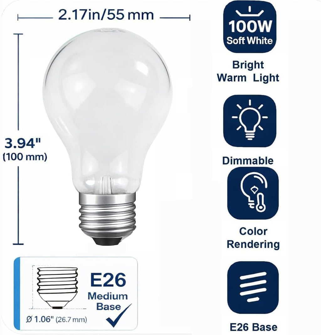 JUNFMLY 60 Watt Incandescent Light Bulbs, A19 Frosted Rough Service Light Bulb, E26 Medium Base, Soft White 2700K, Dimmable, 110-130V (4 Pack)
