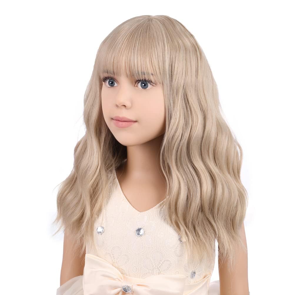 PATTNIUM Blonde Wig Short for Kids Girls Wavy Wig with Bangs Child Flaxen Blonde Wigs Synthetic Cosplay Halloween Party Costume Wigs (Flaxen Blonde)