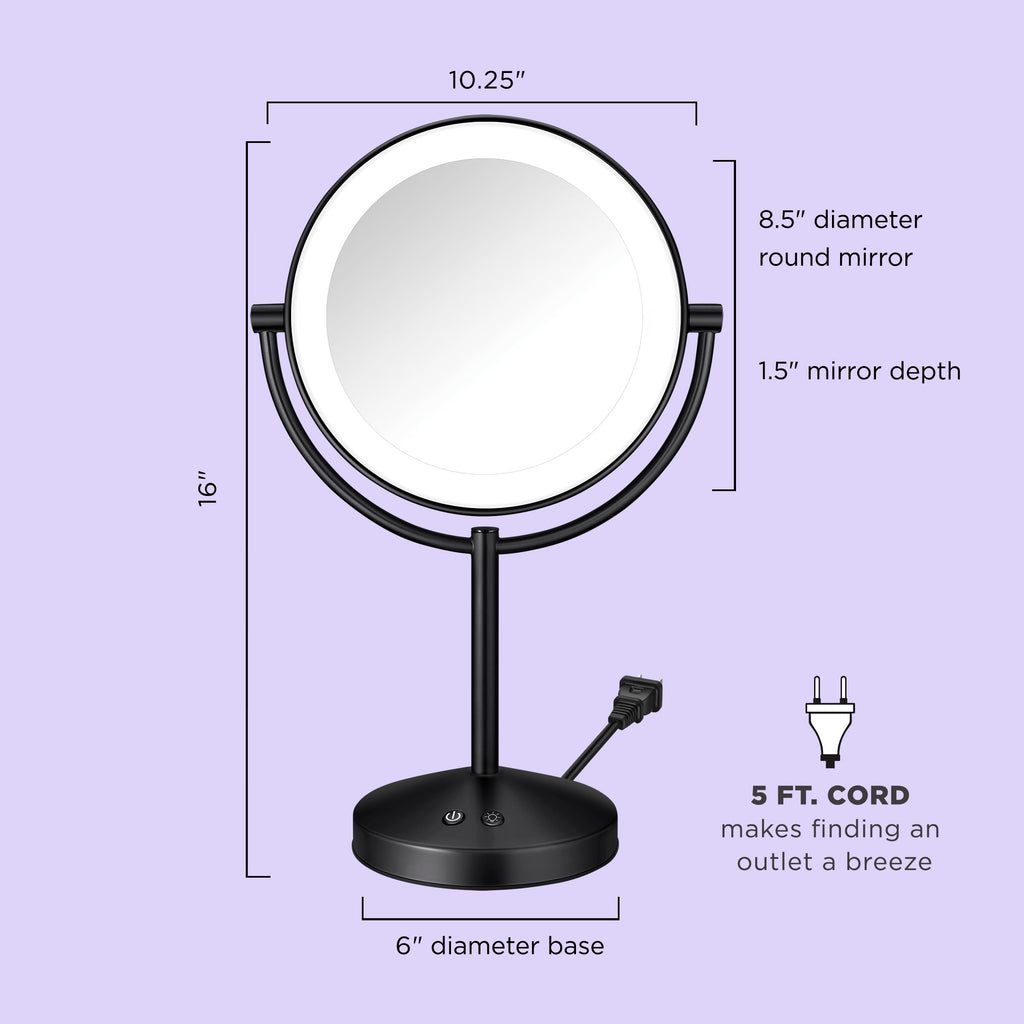Conair Lighted Makeup Mirror, Double-Sided LED Vanity Mirror with 1X/10X Magnification, 3 Light Settings, 3 Modes, 360° Rotation, Matte Black Finish