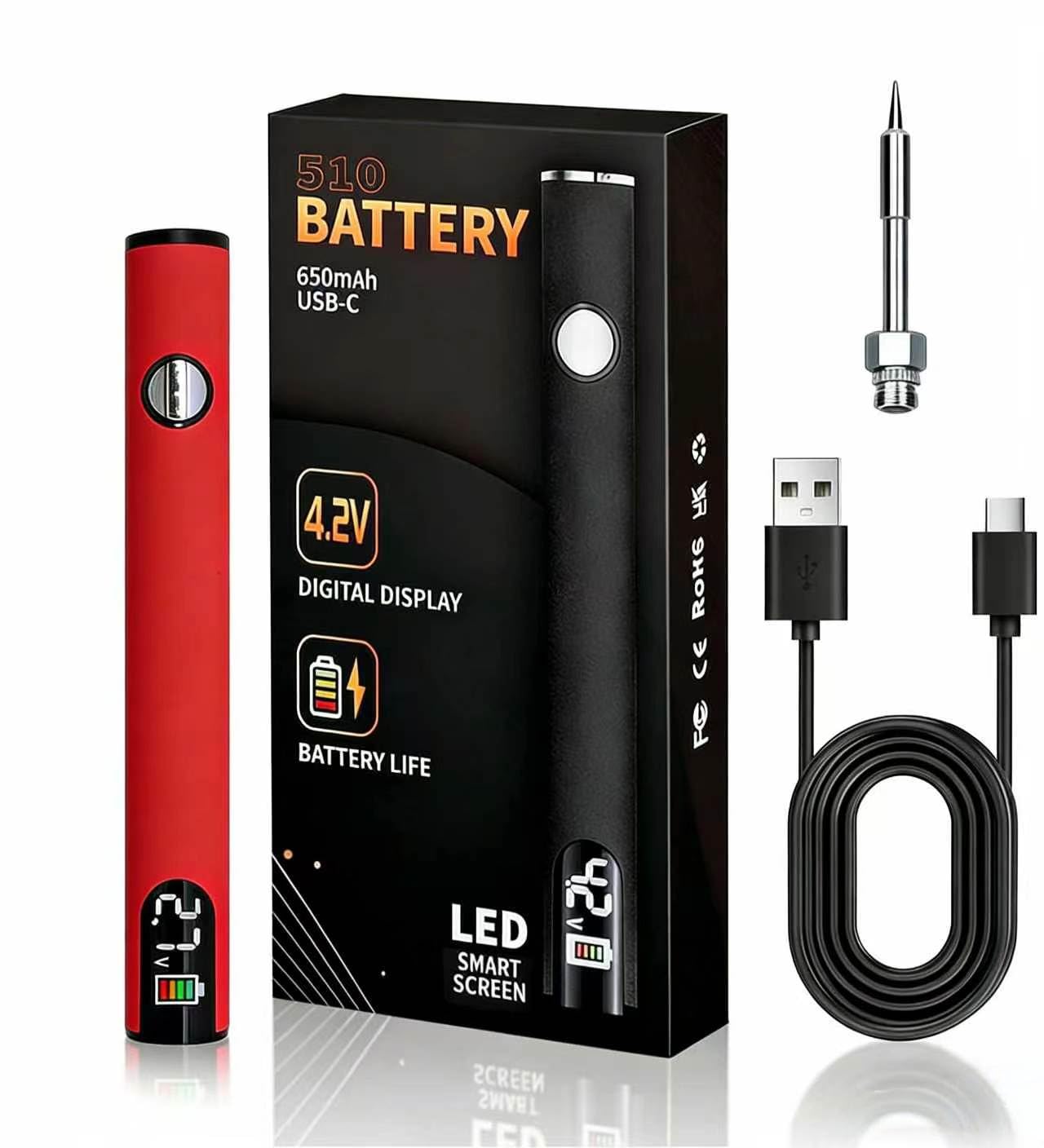 ZMJY Portable Soldering Iron Cart Pen - USB-C Rechargeable with LED Screen, 510 Thread Universal Connector, 3-Temp Ceramic Heating, 650mAh for Electronics Repair, DIY, & Phone Fix (Red, 1)