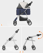 OS MOTOR Pet Stroller with 4 Wheels for Small/Medium Pets,Travel Foldable Detachable Carrier for Dog Cat Cage Jogger Stroller, Rear Wheel Breaks, Storage Basket, Visible Mesh Weather Cover (Navy Blue)