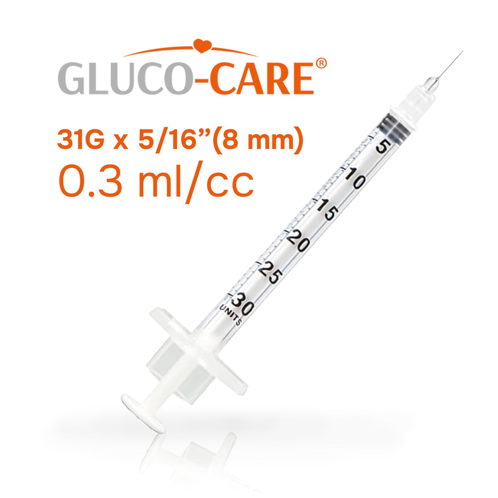 GLUCO-CARE 0.3 ml/cc Syringes 31G x 5/16" (8mm), Orange Cap, 50 pcs/bx
