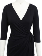 Berydress Women's 3/4 Sleeve V Neck Casual Party Work Faux Black Wrap Dress