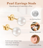 HAINBAG 9mm Pearl Earrings for Women, Hypoallergenic 925 Silver Post Studs