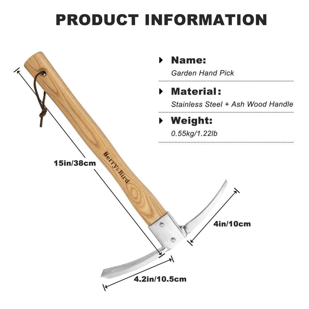 Berry&Bird Garden Mattock Pick Axe, 14.9" Digging Tool with Wood Handle