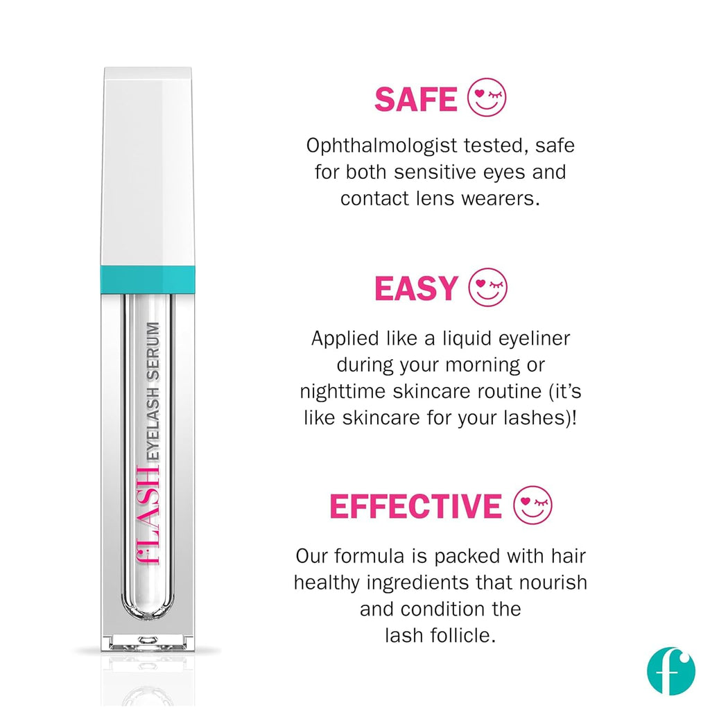 fLASH Eyelash Serum for Long, Curled Natural Lashes - Enhances & Strengthens, Safe & Effective Formula for Contact Wearers & Sensitive Eyes, 3 Month Supply - 2mL (0.07 Fl Oz)