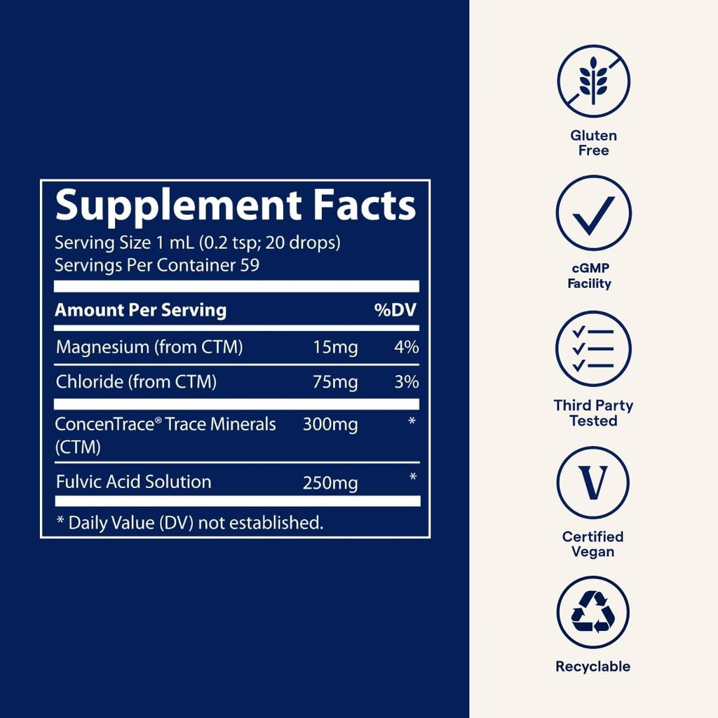 Trace Minerals Ionic Fulvic Acid 250mg - Essential Mineral Supplement to Support Hydration & Energy Production - Aids Muscle Endurance - Liquid Supplement for Healthy Digestion - 2 fl oz (59 Servings)
