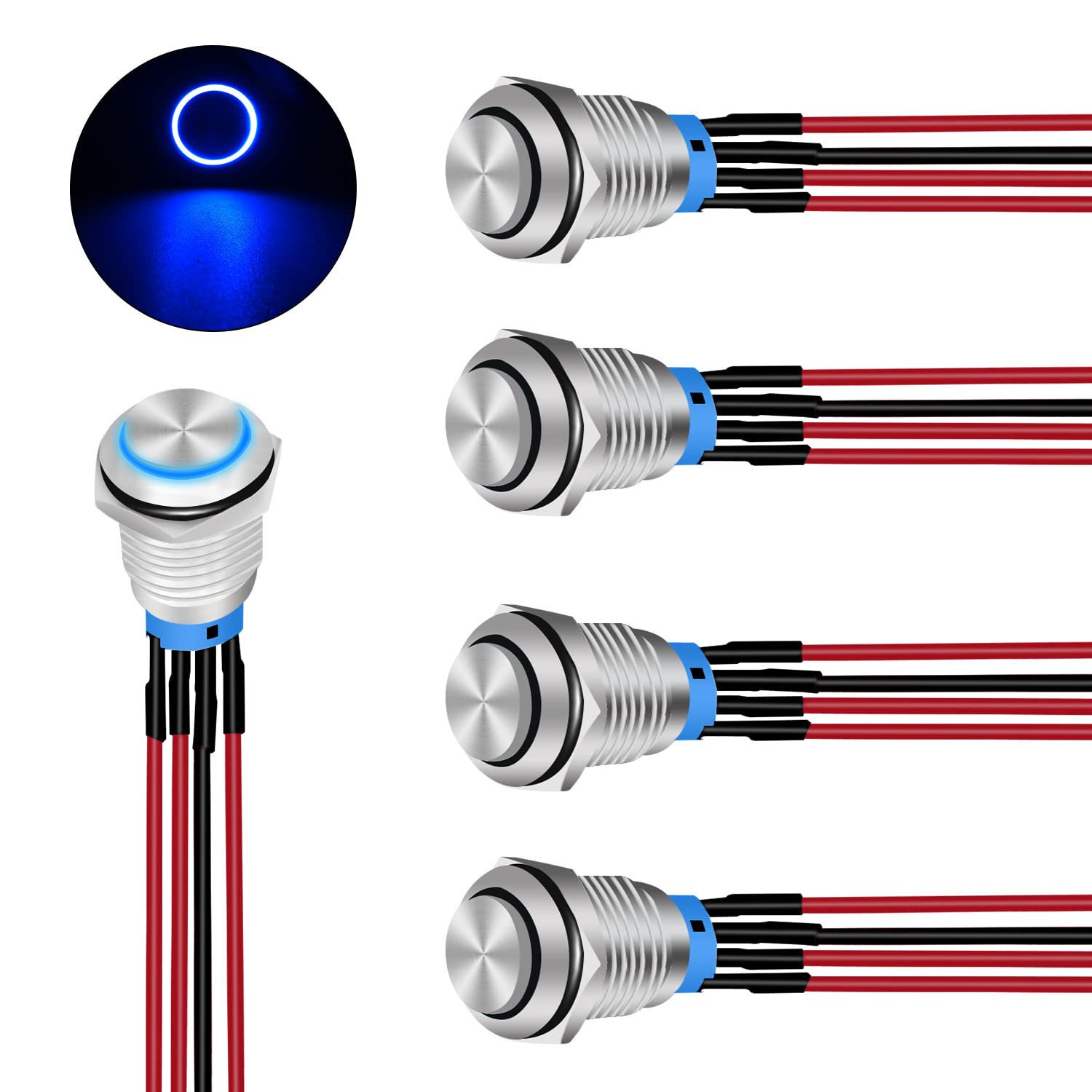 Nilight 19mm Push Button Switch 5PCS with Pre Wired Harness 12V 24V Stainless Steel Self Locking Latching LED Round Switches SPDT 4Pin Waterproof Metal Switch for Boats Cars Truck, 2 Years Warranty