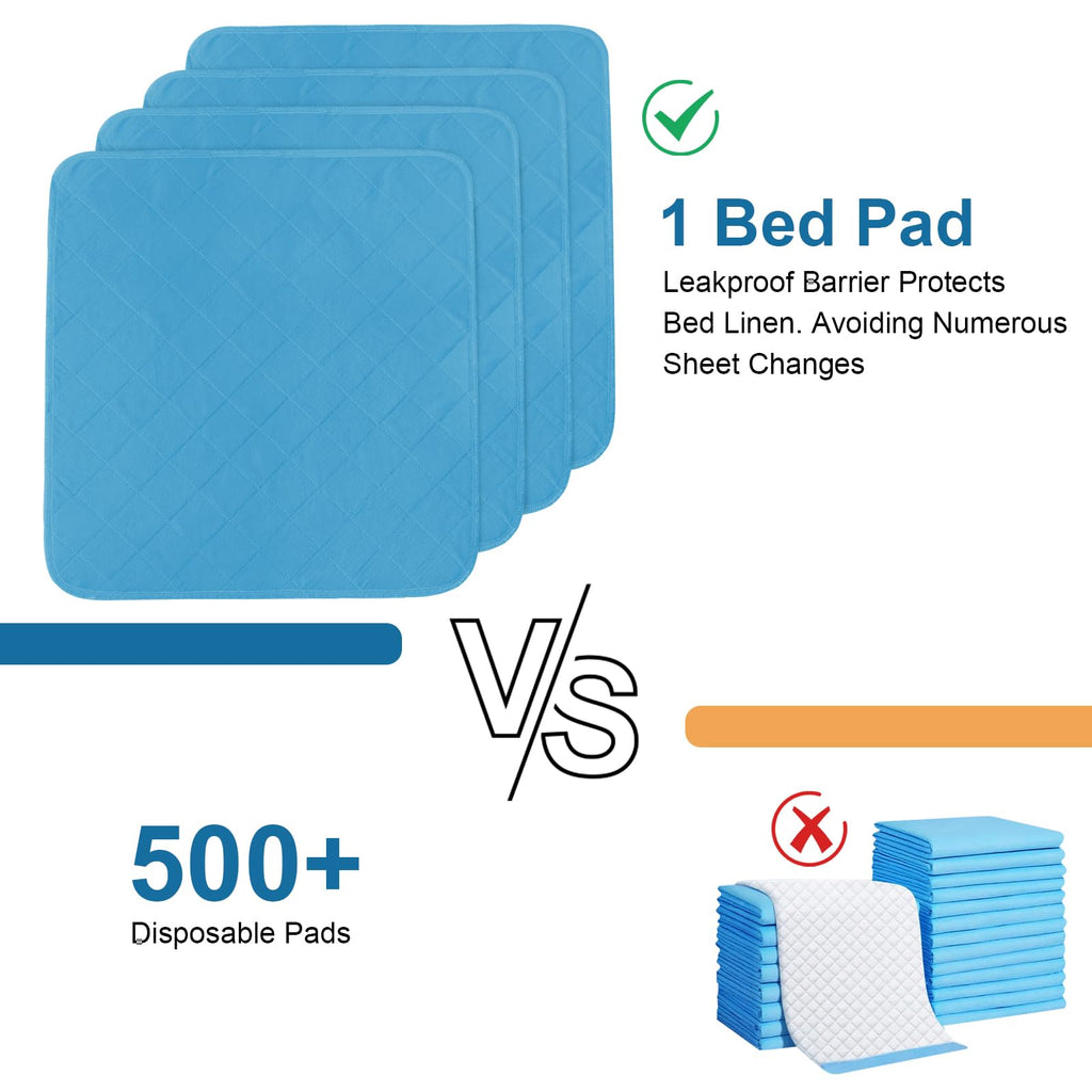 Bed Pads Washable Waterproof 34'' x 36'' (Pack of 4), Reusable Incontinence Underpads for Adults, Washable Pee Pads, Great for Dogs, Cats, Bunny, Seniors Bed Pad, Hospital Bed Sheets, Blue