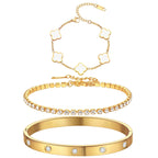 PDWZNBA 18K Gold-Plated Bracelet Set – Floral Clover, Tennis, Twist Cuff, Classic Gold-plated Bangle Stainless Steel, Non Tarnish, Stackable Bracelet Gift for Women