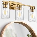 A1A9 3-Light Bathroom Vanity Light, Modern Brushed Gold Wall Lights with Clear Glass Shades, Bathroom Wall Sconce Lamp for Mirror Living Room Bedroom Hallway