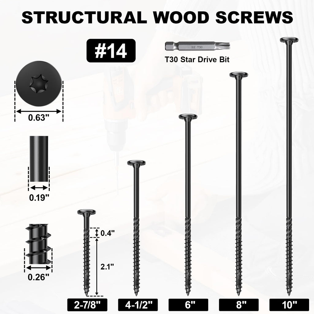 FMhotu #14 Heavy-Duty Wood Screws, Star Drive Deck Screws, Rust Resistant Timber Screws for Timber/Log/Landscaping Wood (2-7/8 Inch,250Pcs,Black)
