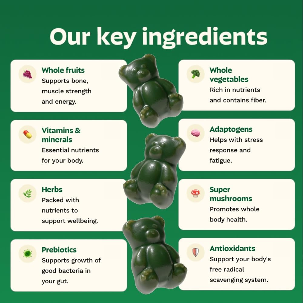 Gruns Sugar-Free Super Greens Gummies, Multivitamin Superfood Gummy Bears, Spirulina, Chlorella, Prebiotics & Fiber gummies for Digestive Health, Adaptogens Supplement, 20 Vitamins & Minerals, 10 pack