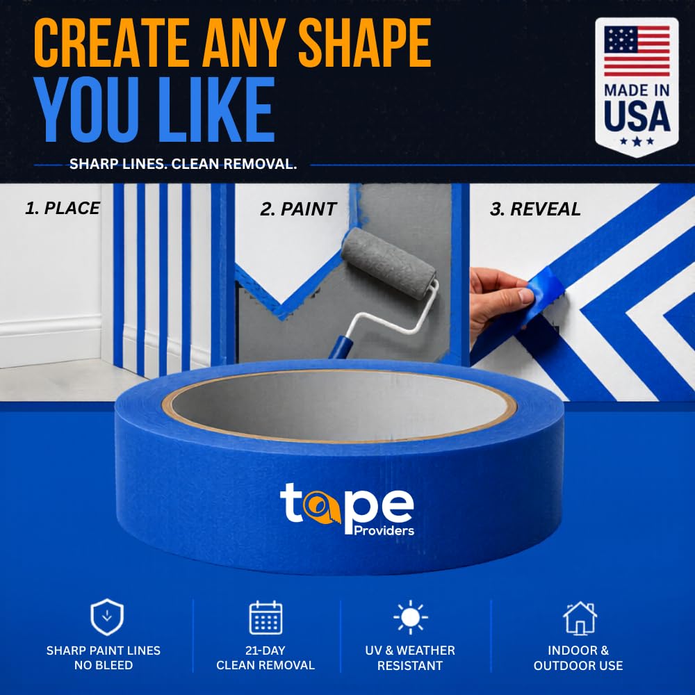 Made in USA Blue Painter’s Tape - 1 inch x 60 yds. (12 Pack) Thick & Wide Masking Tape for Safe Wall Painting, Building, Remodeling, Labeling, Edge Finishing