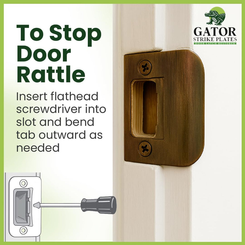 Gator Door Strike Plate with Screws, – 2-1/4" by 1-3/4" Universal Latch Restorer Alloy Steel Lock Hardware for Interior and Exterior Doors, Replacement Door Latch Plate | Antique Brass 4-Pack