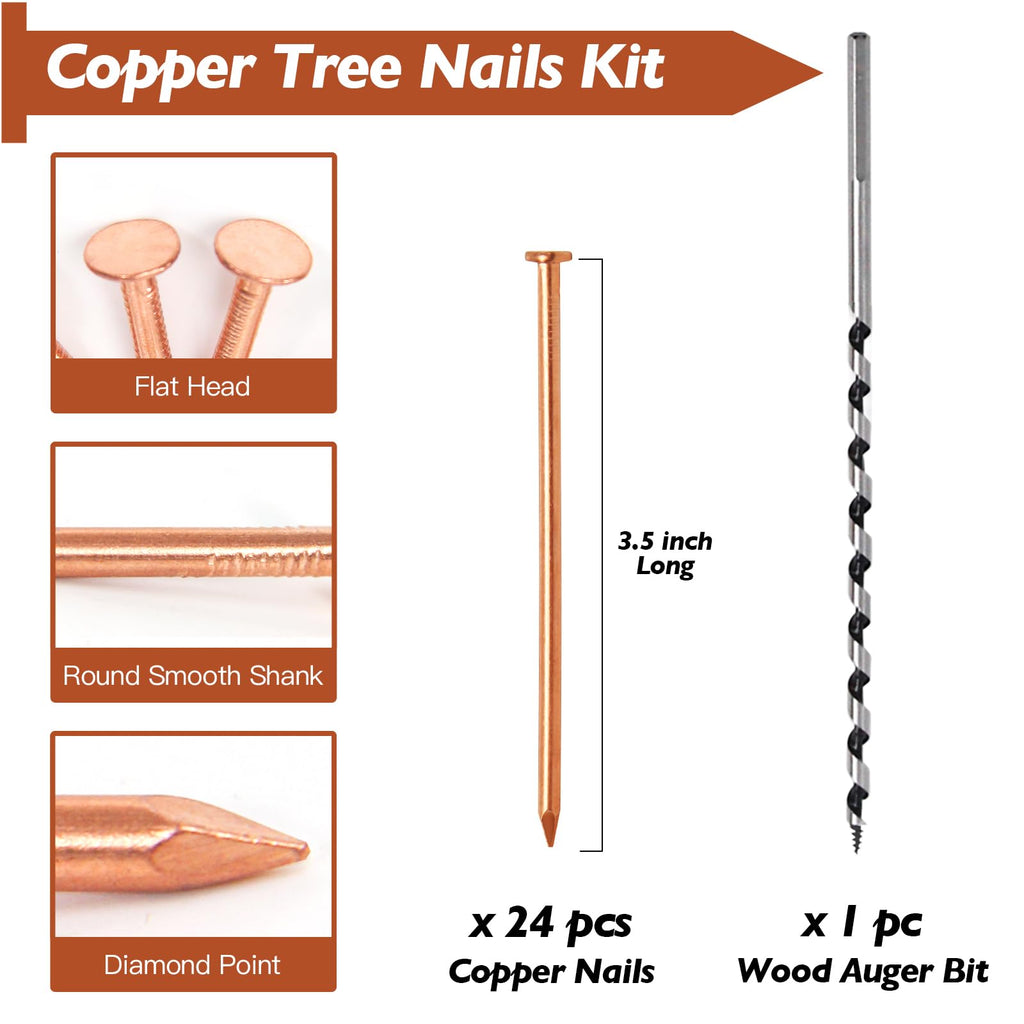 24pcs Pure Copper Nails for Killing Trees – One Strike Perfection Kit – 3.5 Inch Long Spikes with Wood Auger Bit – Effective Removal for Stumps, Roots & Landscaping – Eco-Friendly & Easy to Use