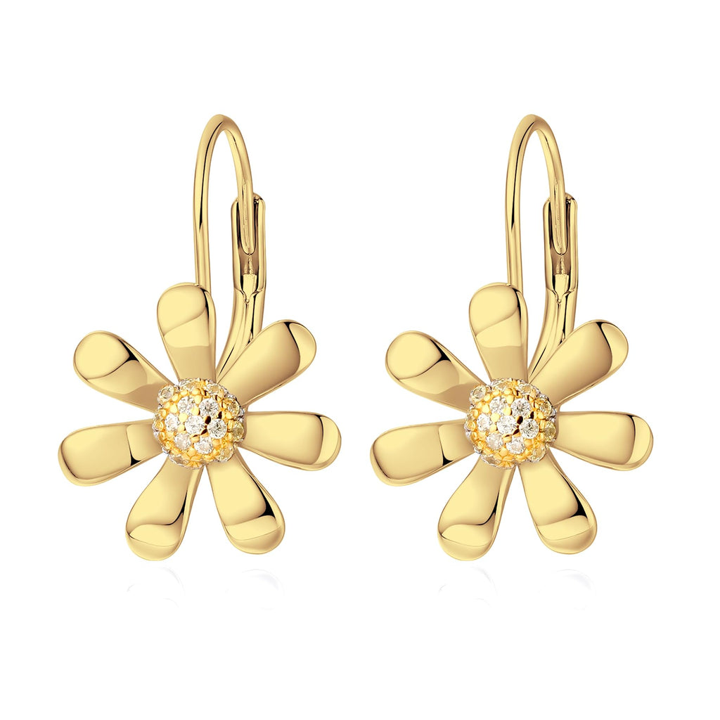 YZSFMZGE Daisy Earrings 925 Sterling Silver Leverback Drop Dangle Earrings for Women 18K White Gold Plated Hypoallergenic Cubic Zircon Daisy Flower Earrings Jewelry Gifts for Sensitive Ears (Yellow Gold)