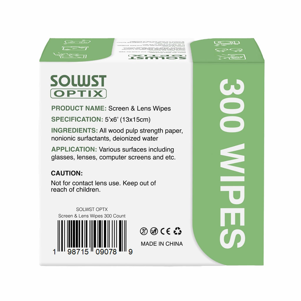 SOLWST Optix Lens Cleaning Wipes - 300 Pre-Moistened, Individually Wrapped Wipes for Eyeglasses, Camera Lenses, Tablets, Phones, Computer Screens, and Other Surfaces