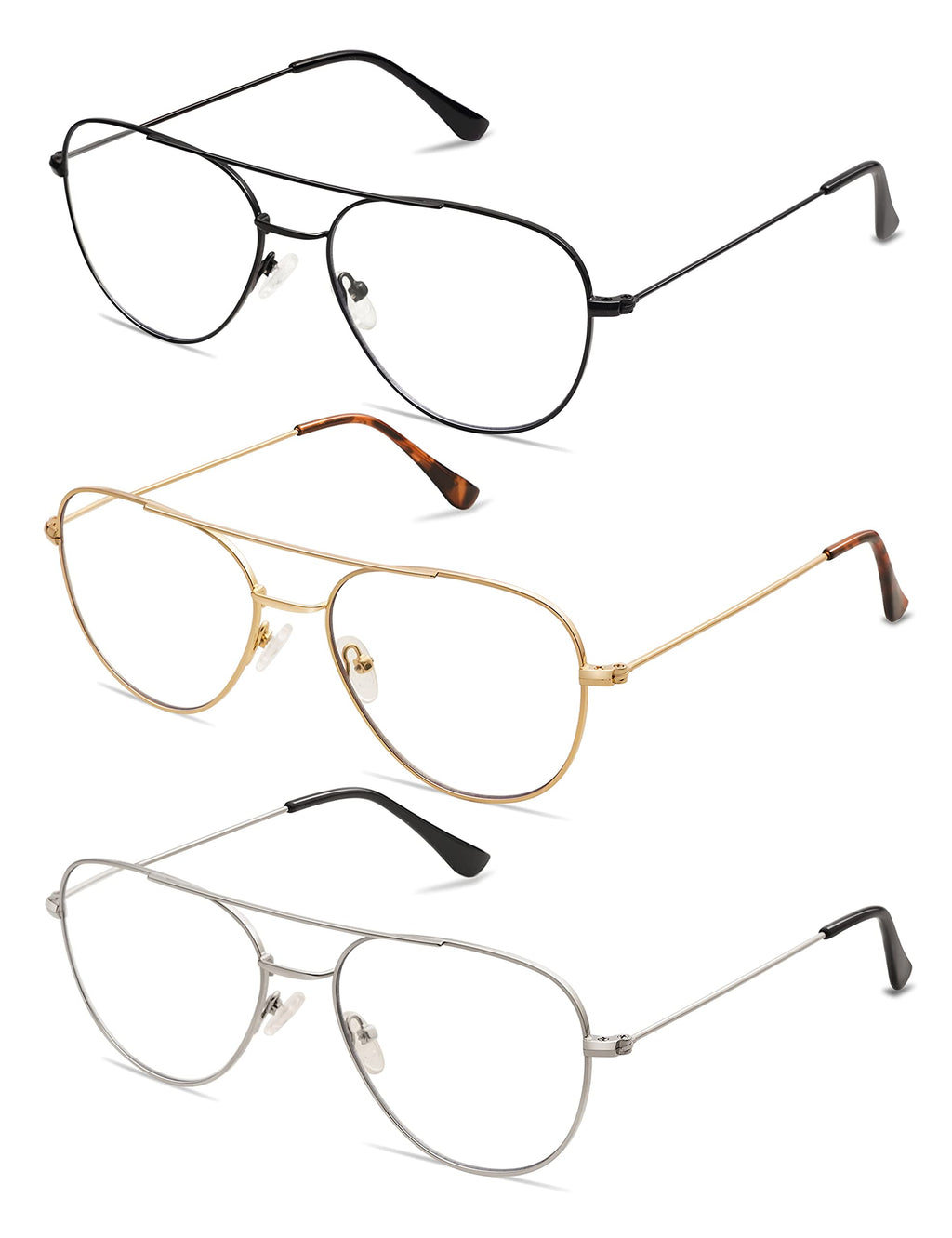 3-Pack Retro Aviator Reading Glasses for Men Women Trendy Square Blue Light Blocking Computer Readers Metal AM6092 Mix (+2.00 Magnification Strength)