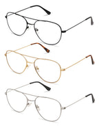 3-Pack Retro Aviator Reading Glasses for Men Women Trendy Square Blue Light Blocking Computer Readers Metal AM6092 Mix (+2.00 Magnification Strength)