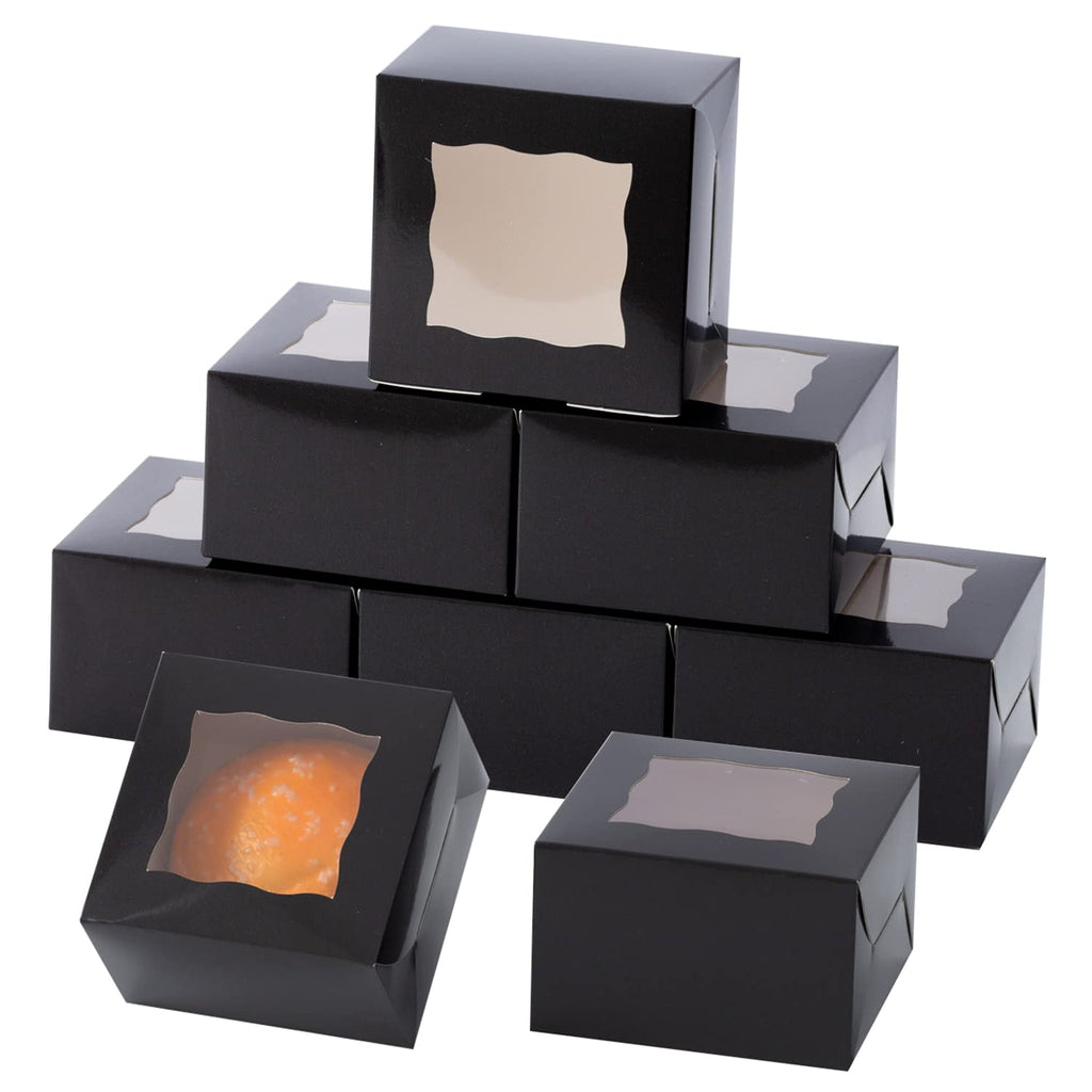 Bekoetoz 100Pcs Paper Cookie Boxes With Window Small Bakery Boxes 4x4x2.5 Inches Mini Cake Boxes For Pastries,Cupcakes,Desserts,Donuts,Chocolate Strawberries,Candy,Treat Boxes(4 * 4 * 2.5,Black)