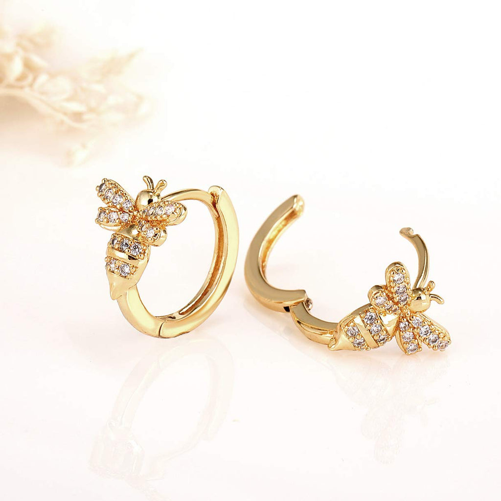 18K Gold Bee Earrings for Women, Hypoallergenic Stud with Cubic Zirconia, Hoop Earrings for Women, Gold/Silver Colors