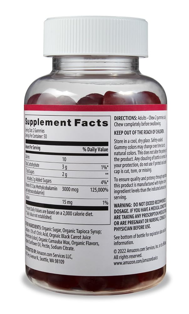 Amazon Basics Vitamin B12 3000 mcg, Normal Energy Production and Metabolism, Immune System Support, 100 Gummies (2 per serving), Pack of 2, Raspberry (Previously Solimo)
