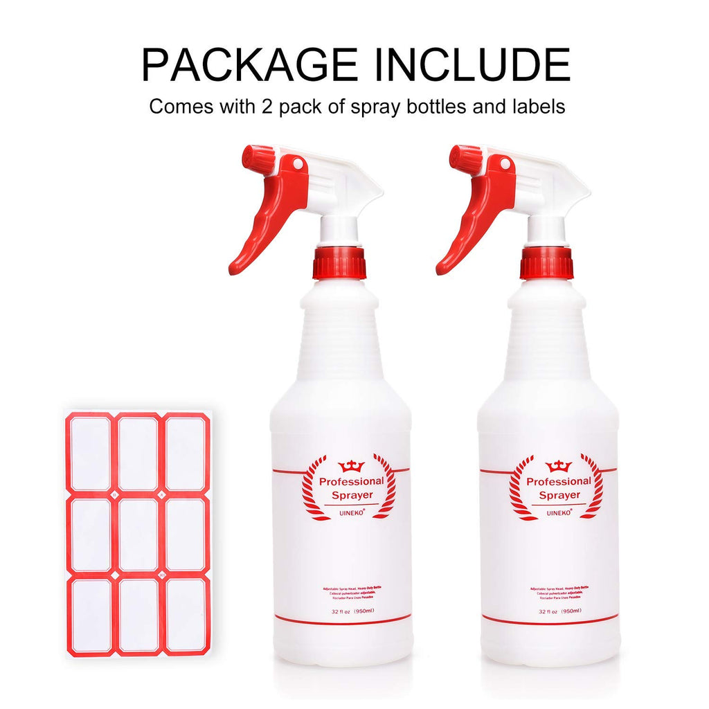 Plastic Spray Bottles 2 Pack, 32 Oz, Heavy Duty Sprayer, All-Purpose, Red