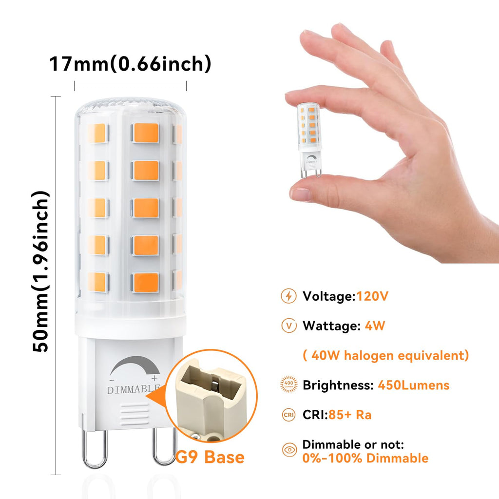 TJOY 12 Pack Dimmable G9 LED Bulb 4W Equivalent 40 Watt, 2700K Soft Warm White, T4 G9 Bi-pin Base Halogen Replacement, G 9 Socket Light Bulb for Chandelier Wall Sconce, 120V No Flicker, 450LM