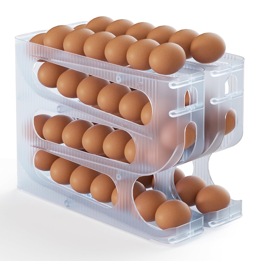 Sotfamily Egg Holder for Fridge, Auto Rolling Egg Dispenser for Refrigerator, Kitchen - Space-saving Egg Roller/Organizer/Storage/Container/Tray - 2 Packs for 56 Large Size Eggs(Frosted Clear)