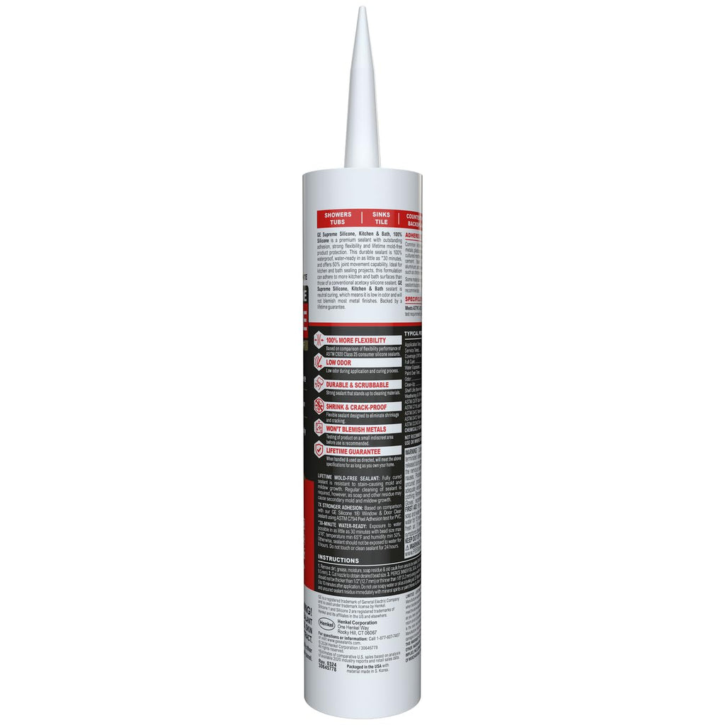 GE Supreme Silicone Caulk for Kitchen & Bathroom, White, 10 fl oz Cartridge, 1 Pack - 100% Waterproof Silicone Sealant, 7X Stronger Adhesion, Shrink & Crack Proof