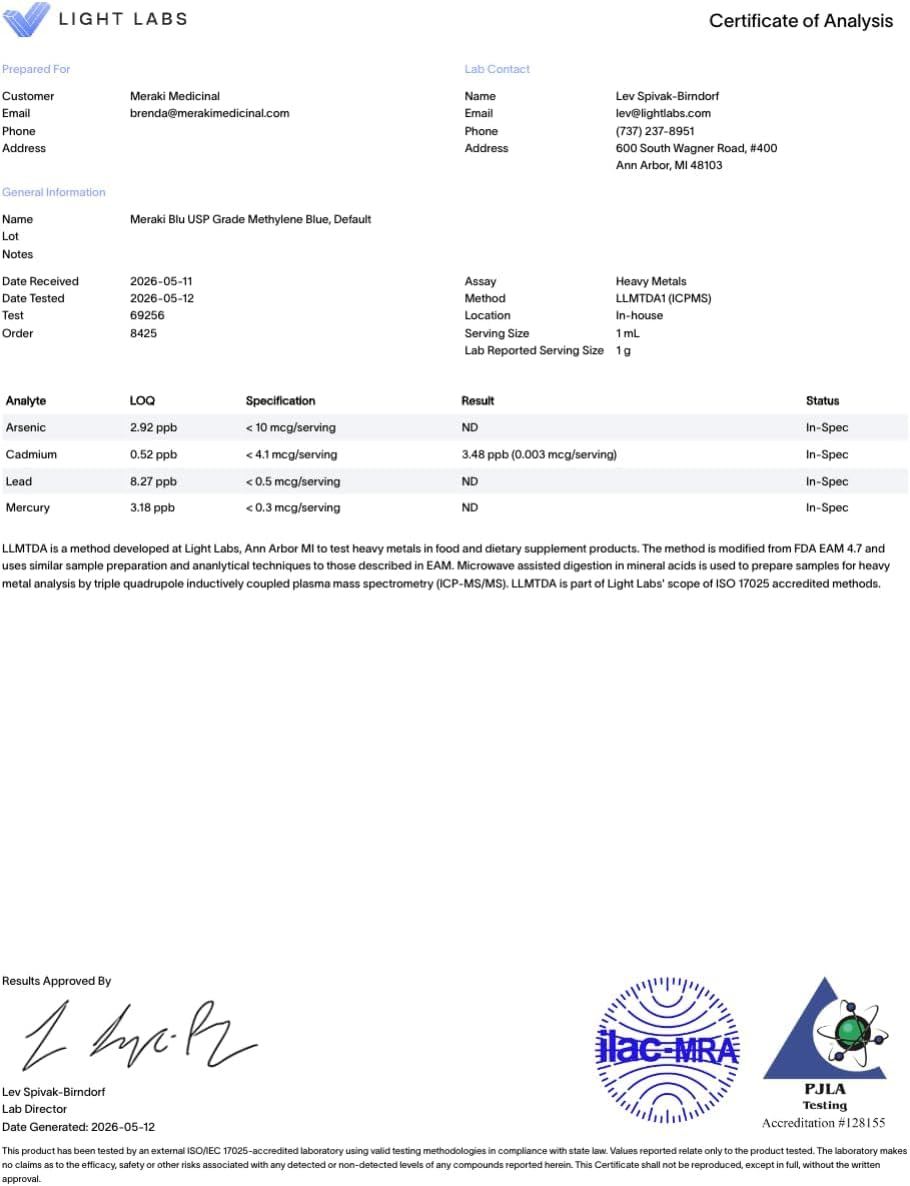 Meraki Blu USP Grade Methylene Blue Solution, 1% Formula, 30 mL