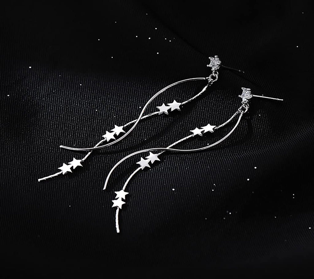 SLUYNZ Sterling Silver Star Dangle Earrings for Women Teens Girls Long Dangle Earrings Chain Curve Spiral Line Earrings Tassel (A-Silver)